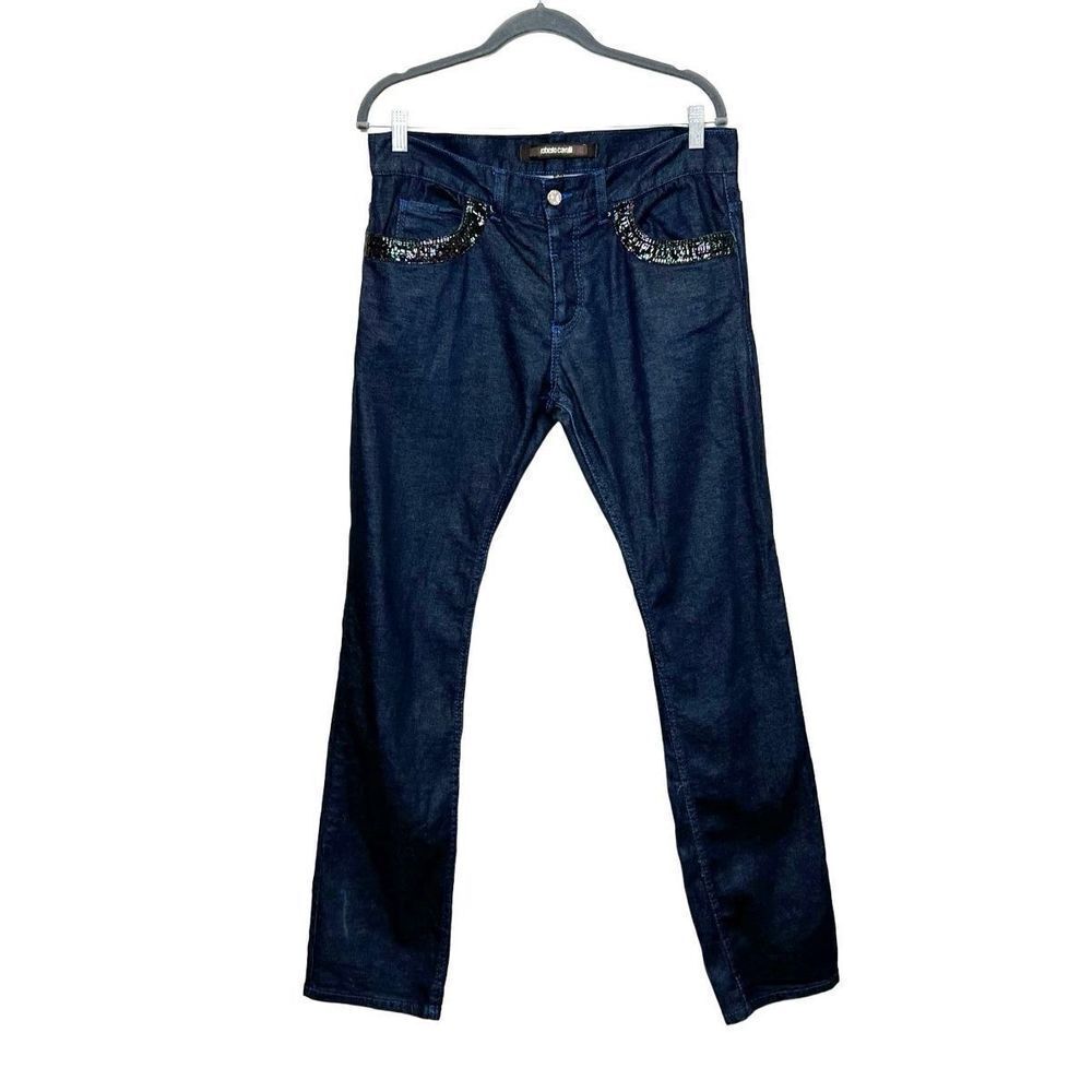 Roberto Cavalli dark wash button fly embellished front pocket jeans size 32